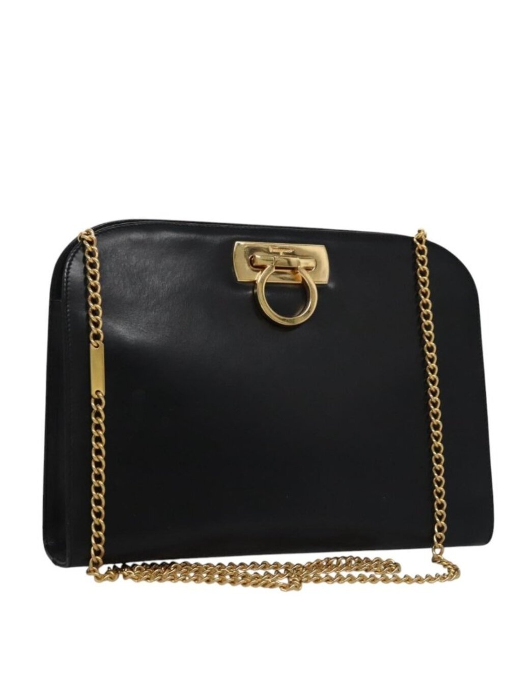 Salvatore Ferragamo Gancini Chain Shoulder Bag Leather Black Gold